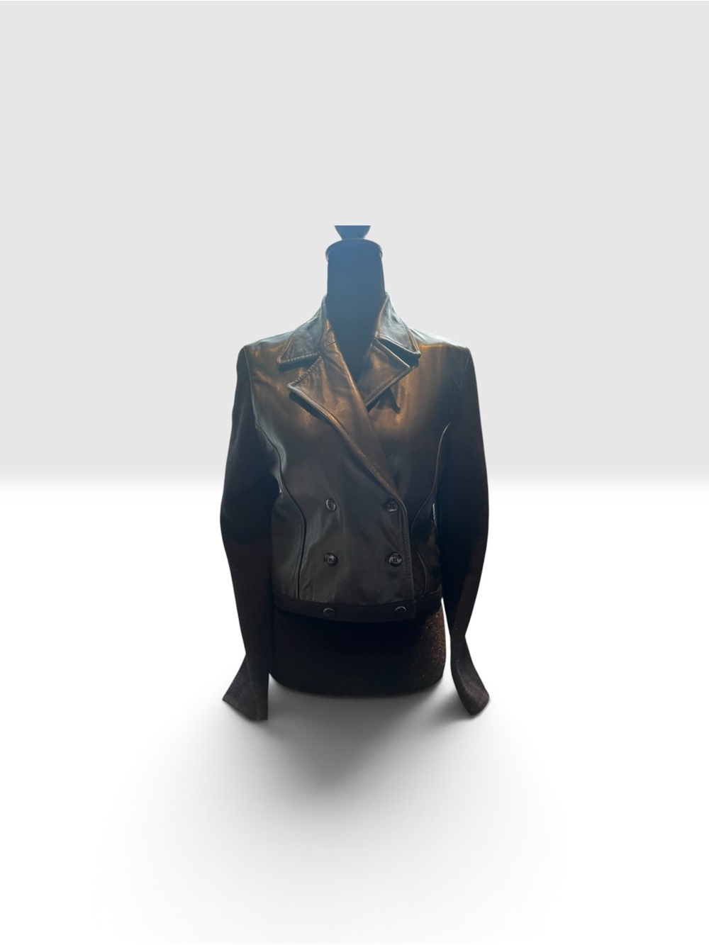 Vintage Anne Klein II Black Leather-Front Double-Breasted Jacket w/ wool sleeves - Picture 2 of 16